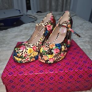 Betsey Johnson Multicolor Floral & Leopard Mary Jane Platform Heels